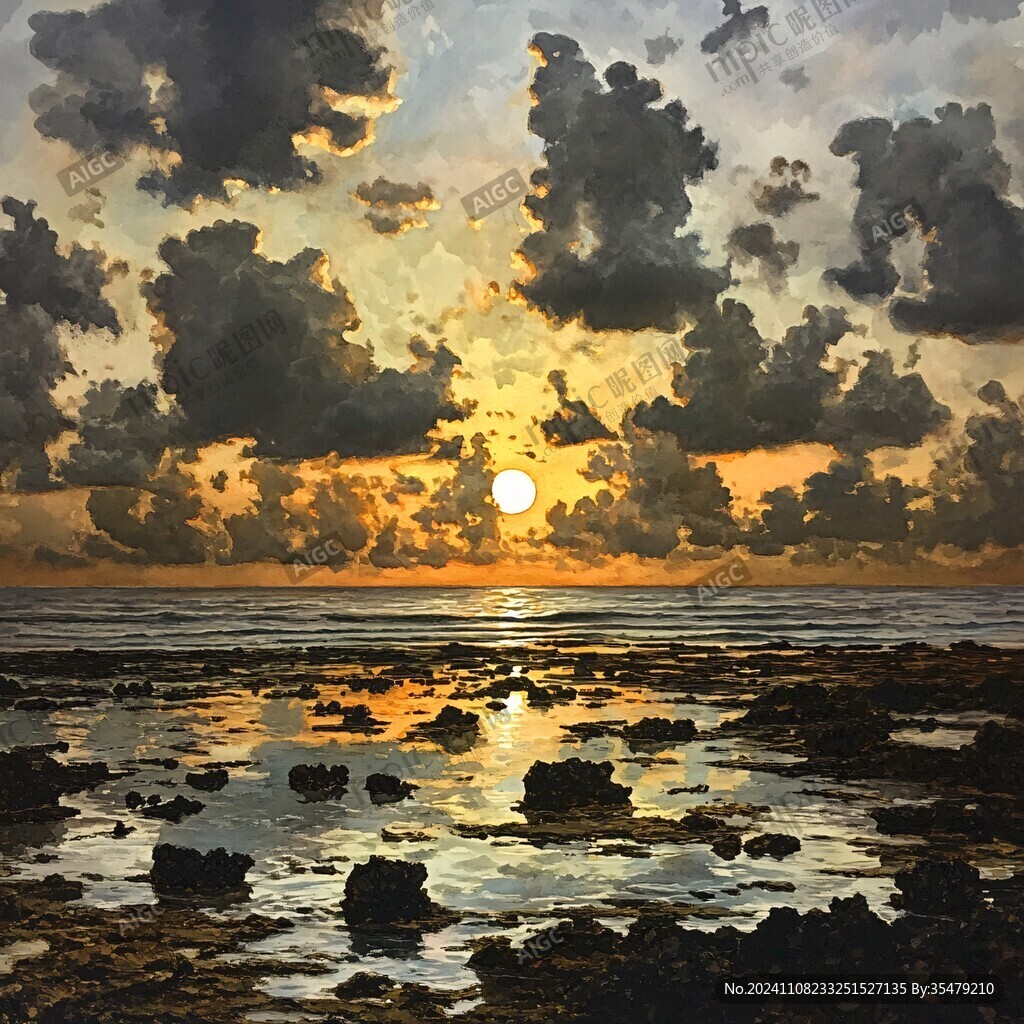 海边日落油画