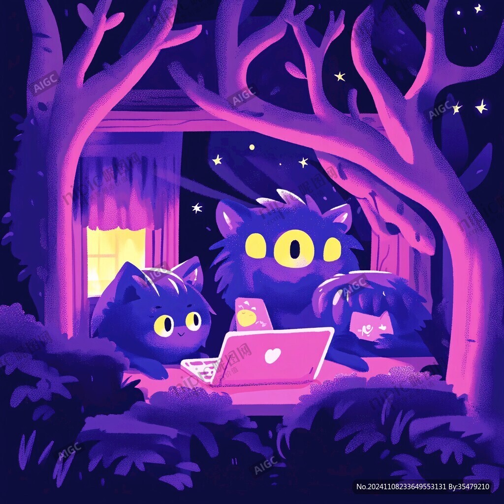 夜晚猫咪插画