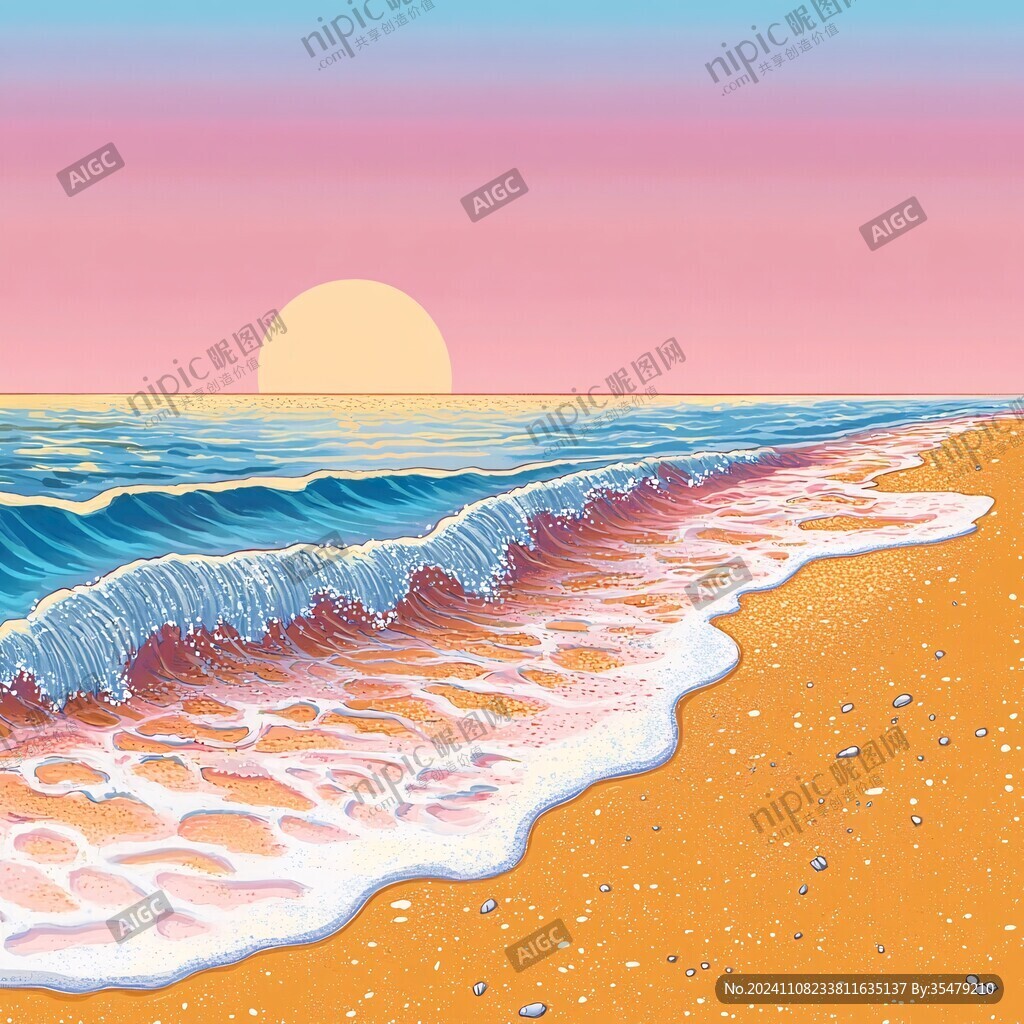 手绘海浪旭日东升