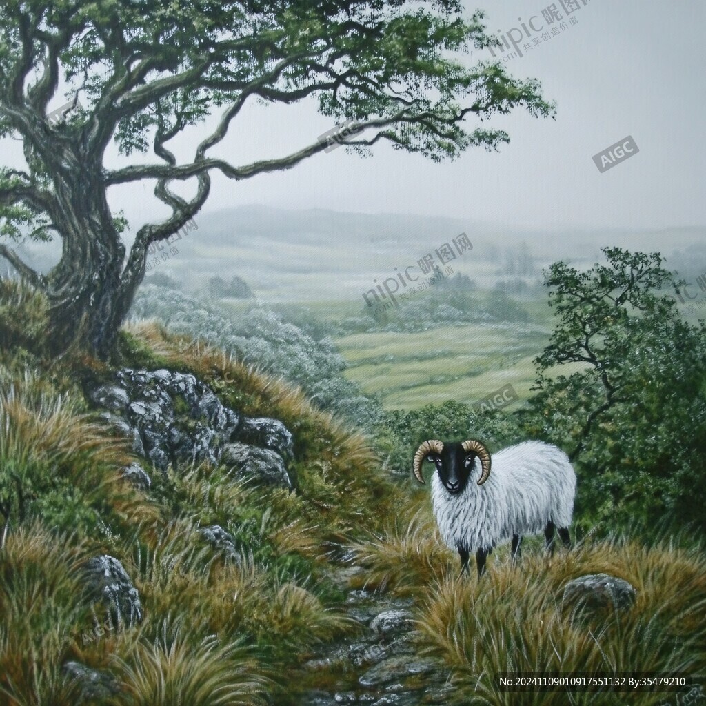 牧羊油画