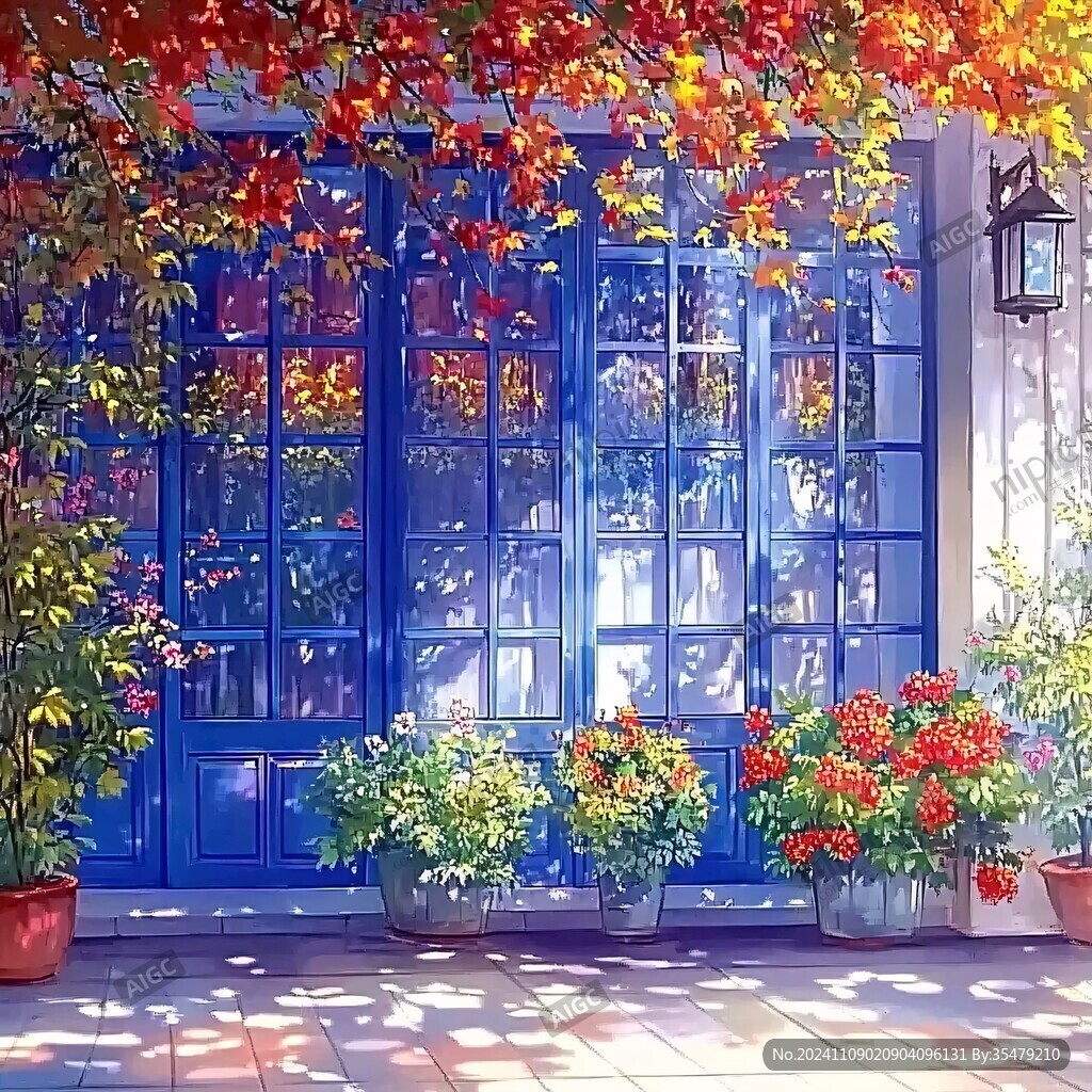 开满鲜花的窗户插画