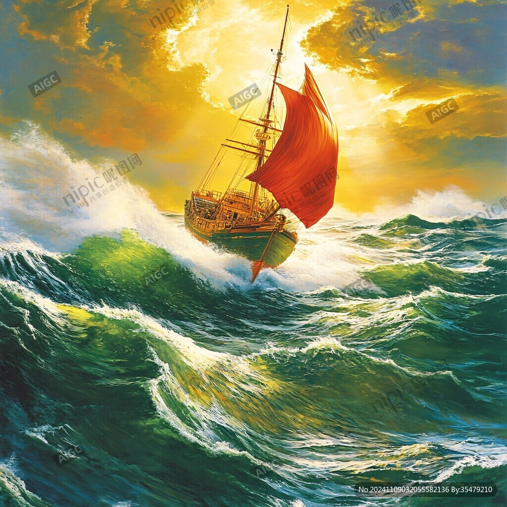 扬帆踏浪油画