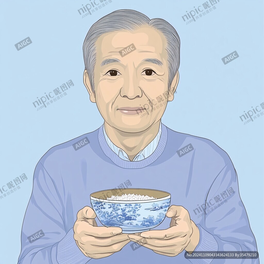 喝茶老人手绘插画