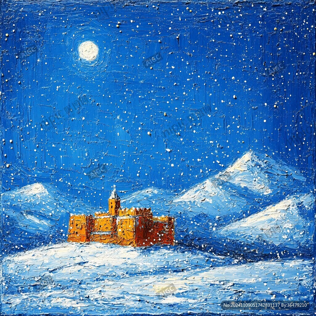 手绘雪夜风景无框画