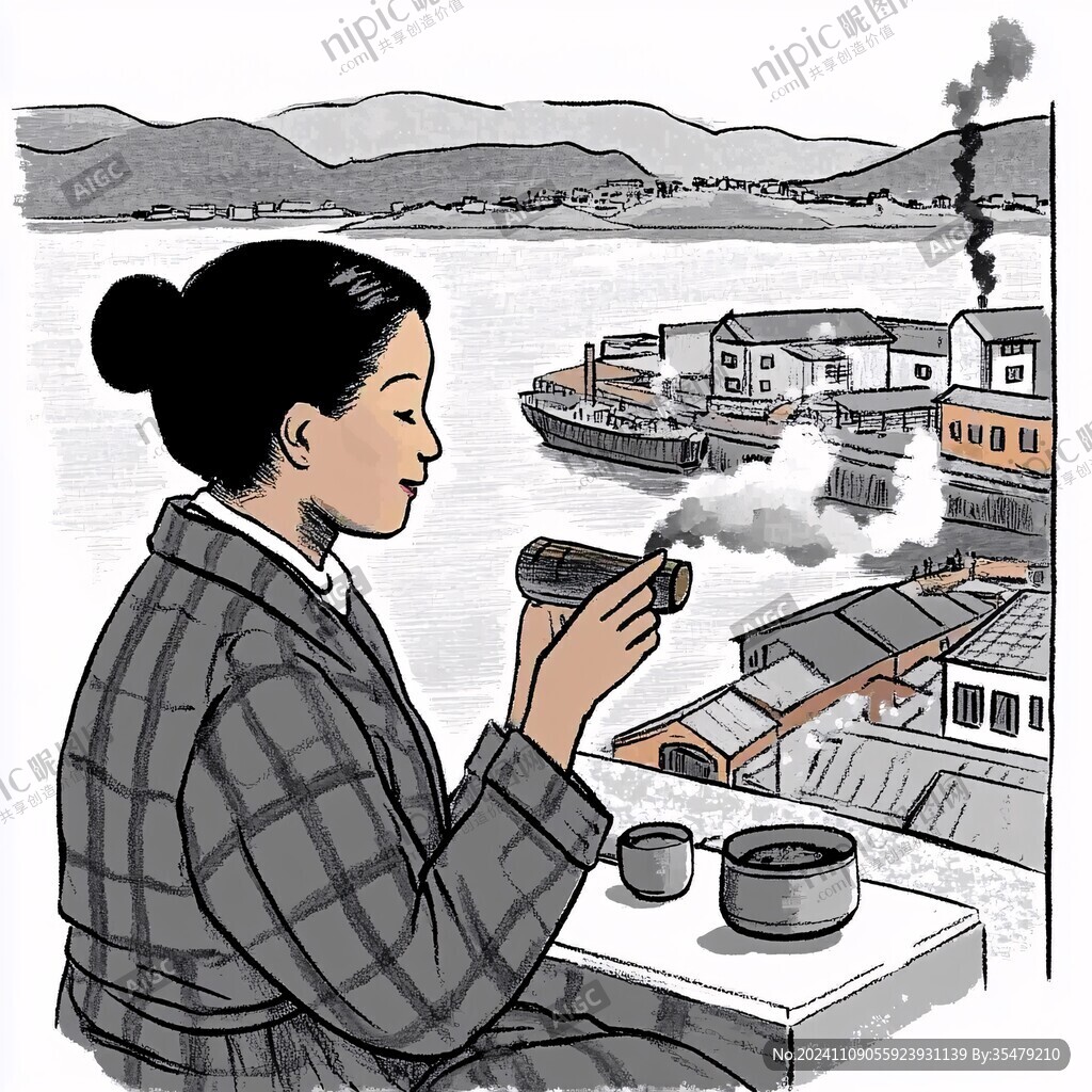 线稿美女煮茶