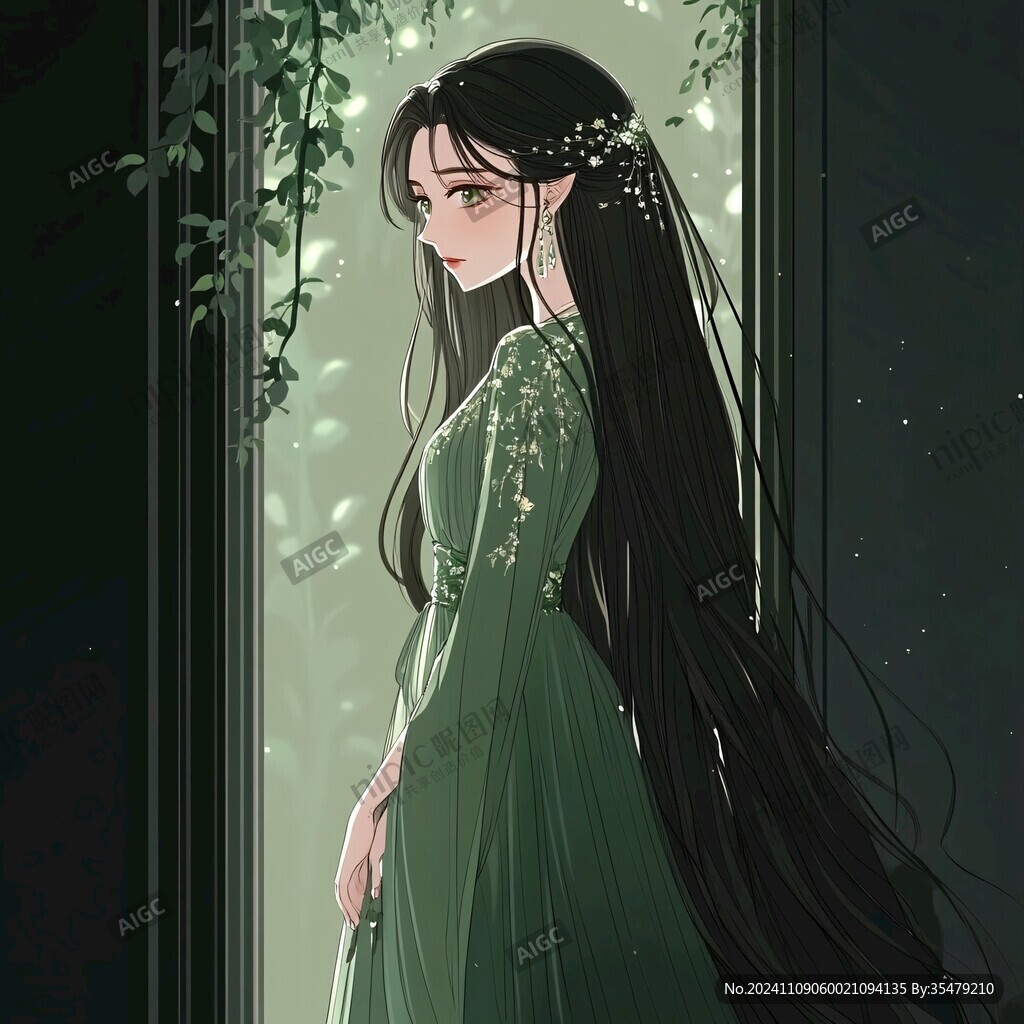 墨绿色女孩插画