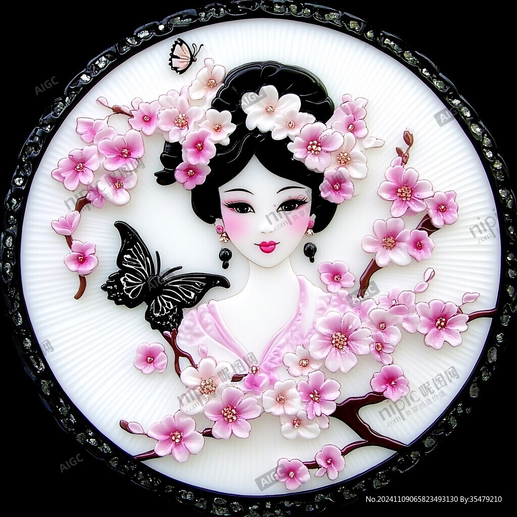 女性梳妆通草画
