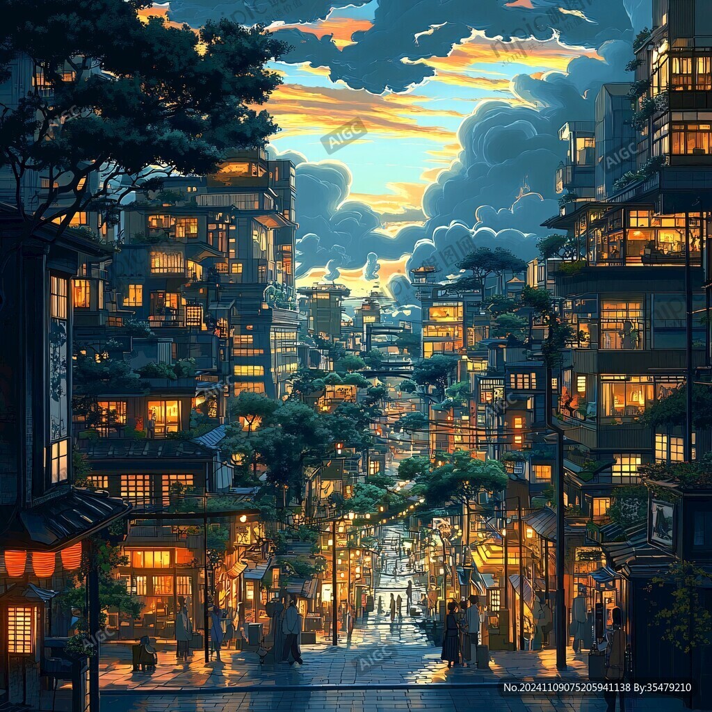 日落街道插画