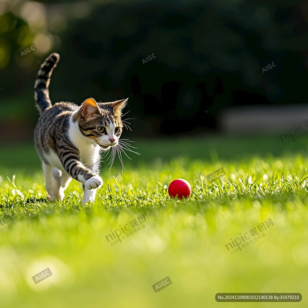 草地玩耍的小花猫