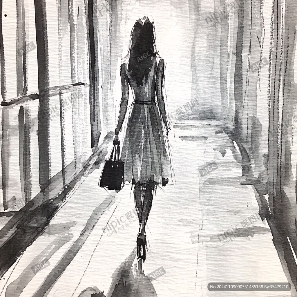 水彩女孩背影