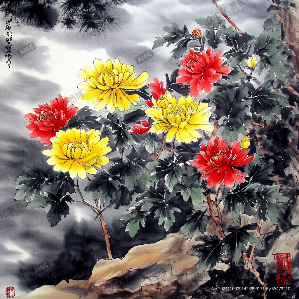 菊花手绘挂画