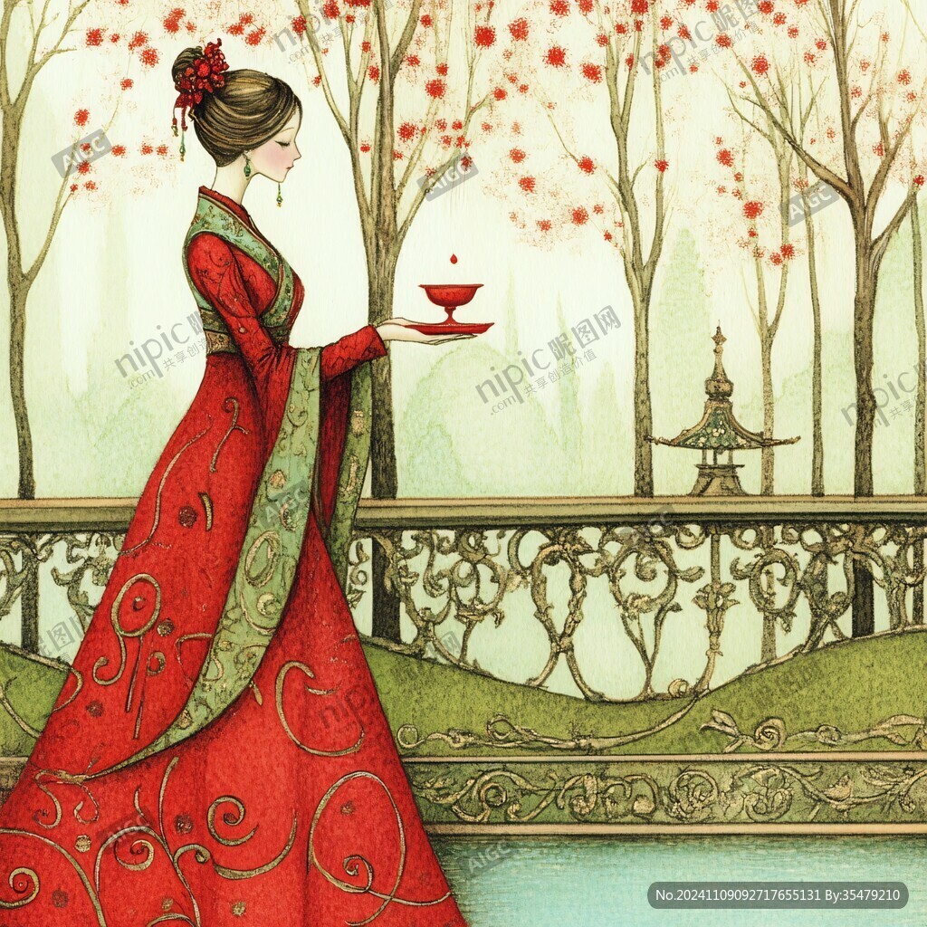 红衣美人插画