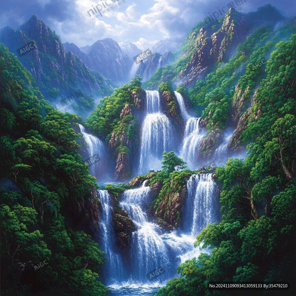 山水风景油画瀑布