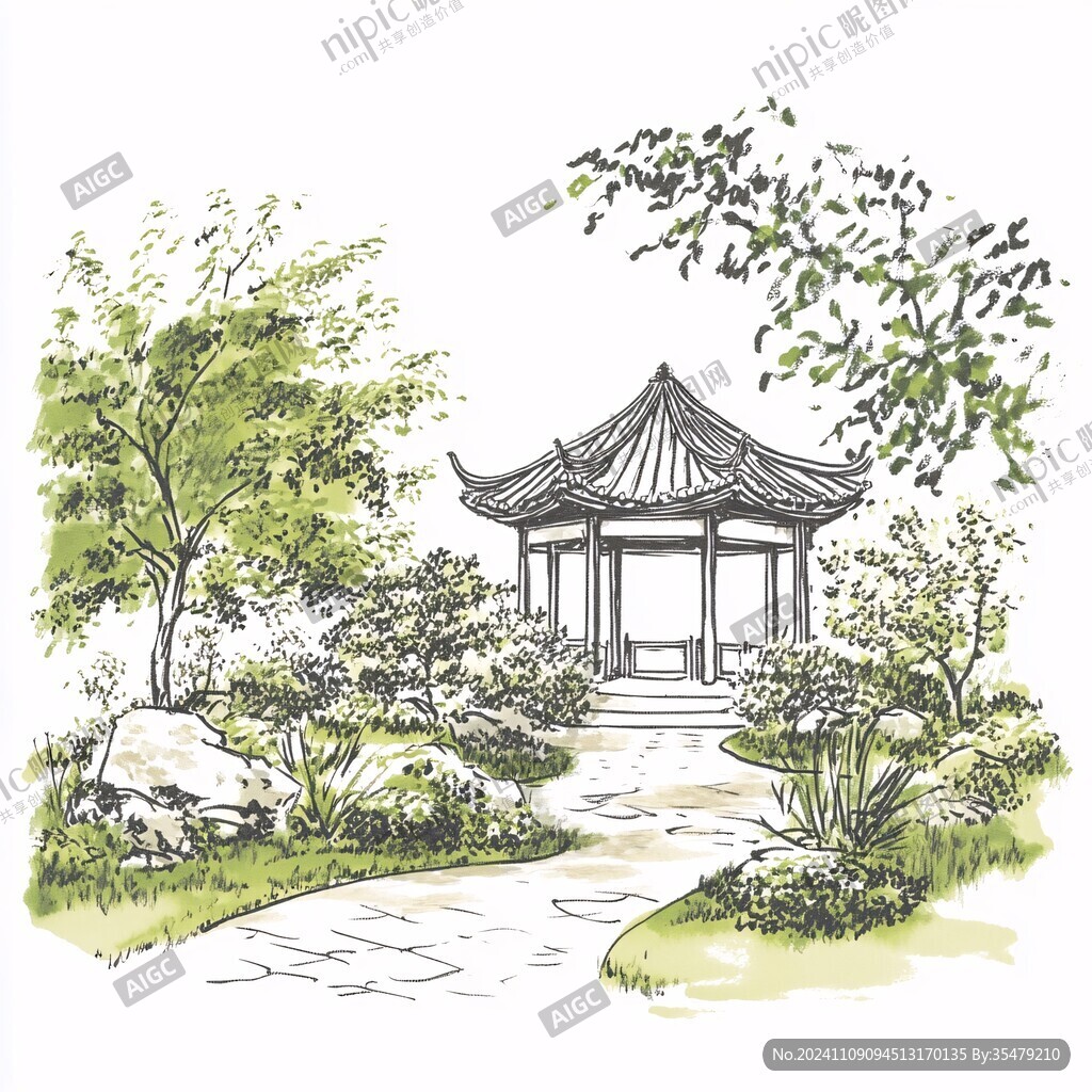 手绘园林插画