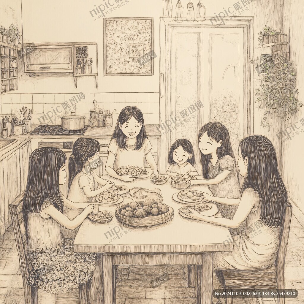 手绘一家人吃饭