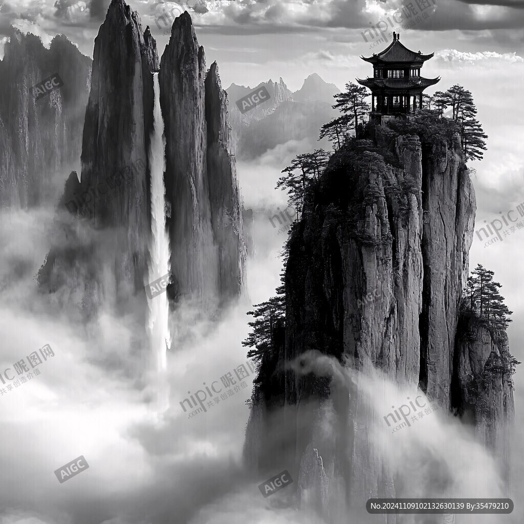 墨韵禅意山峰云雾风景