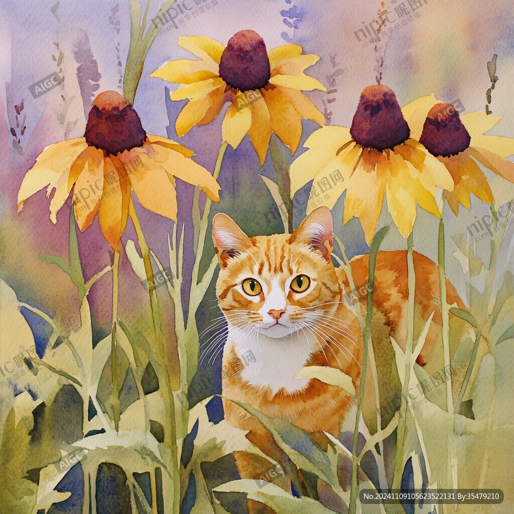 花丛边的猫咪插画