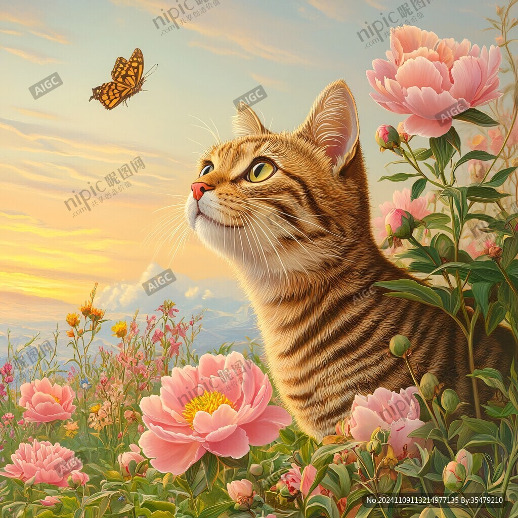 花丛边的猫咪插画