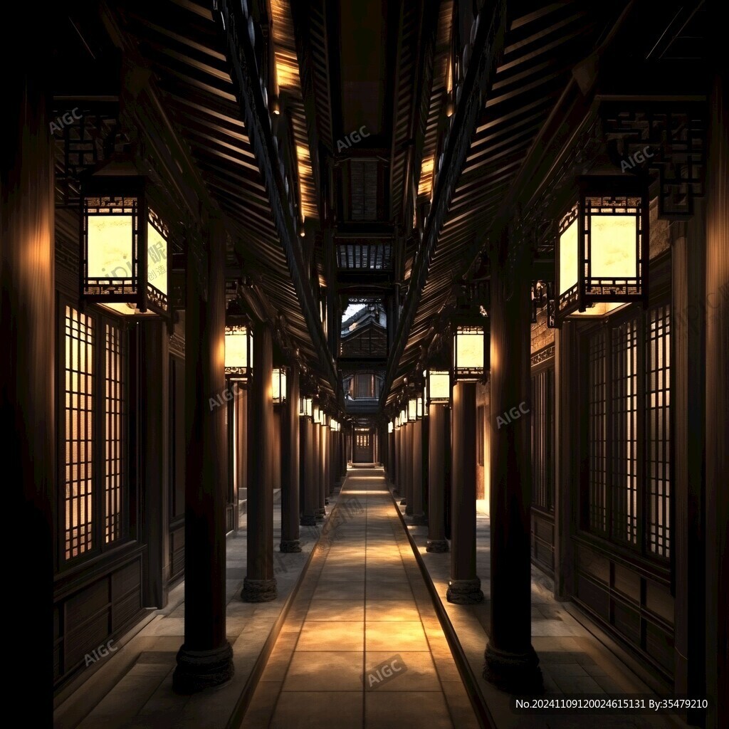 传统建筑走廊夜景