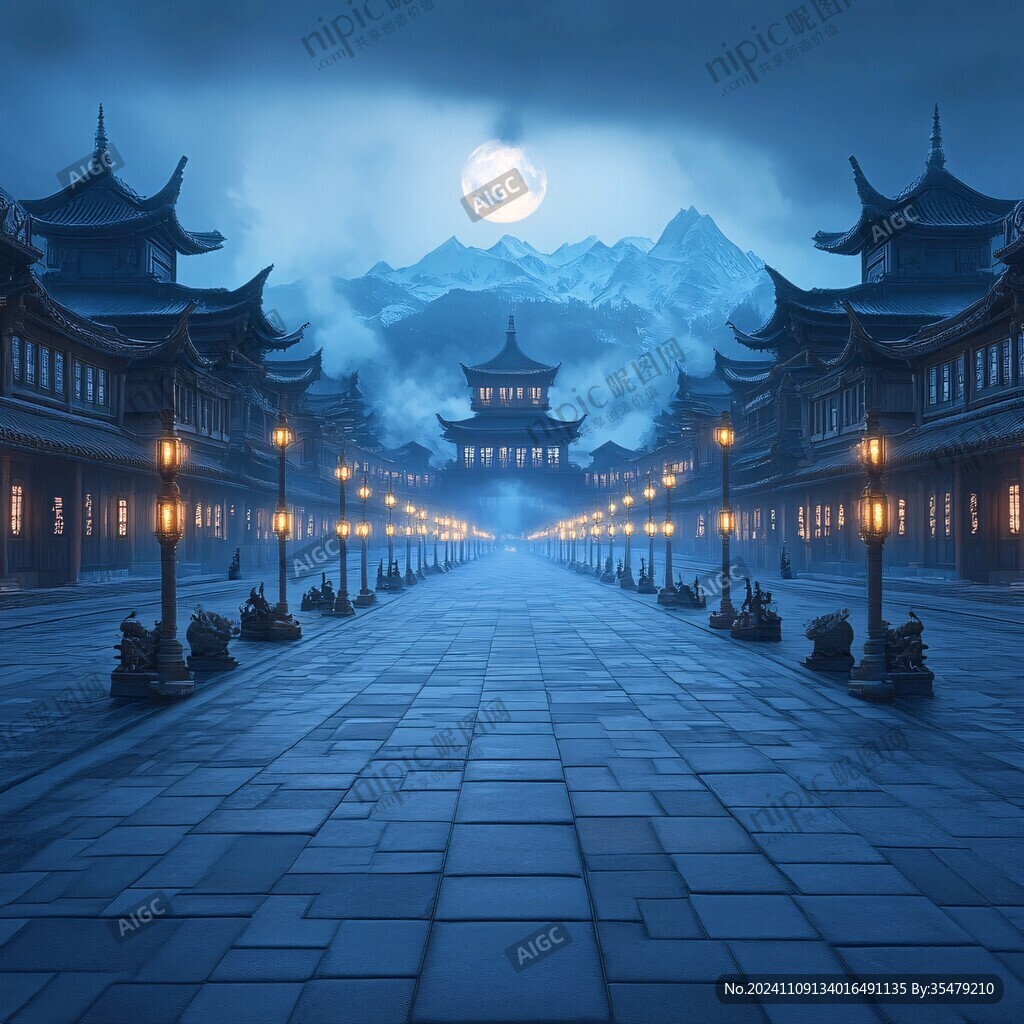 玄幻古镇夜景