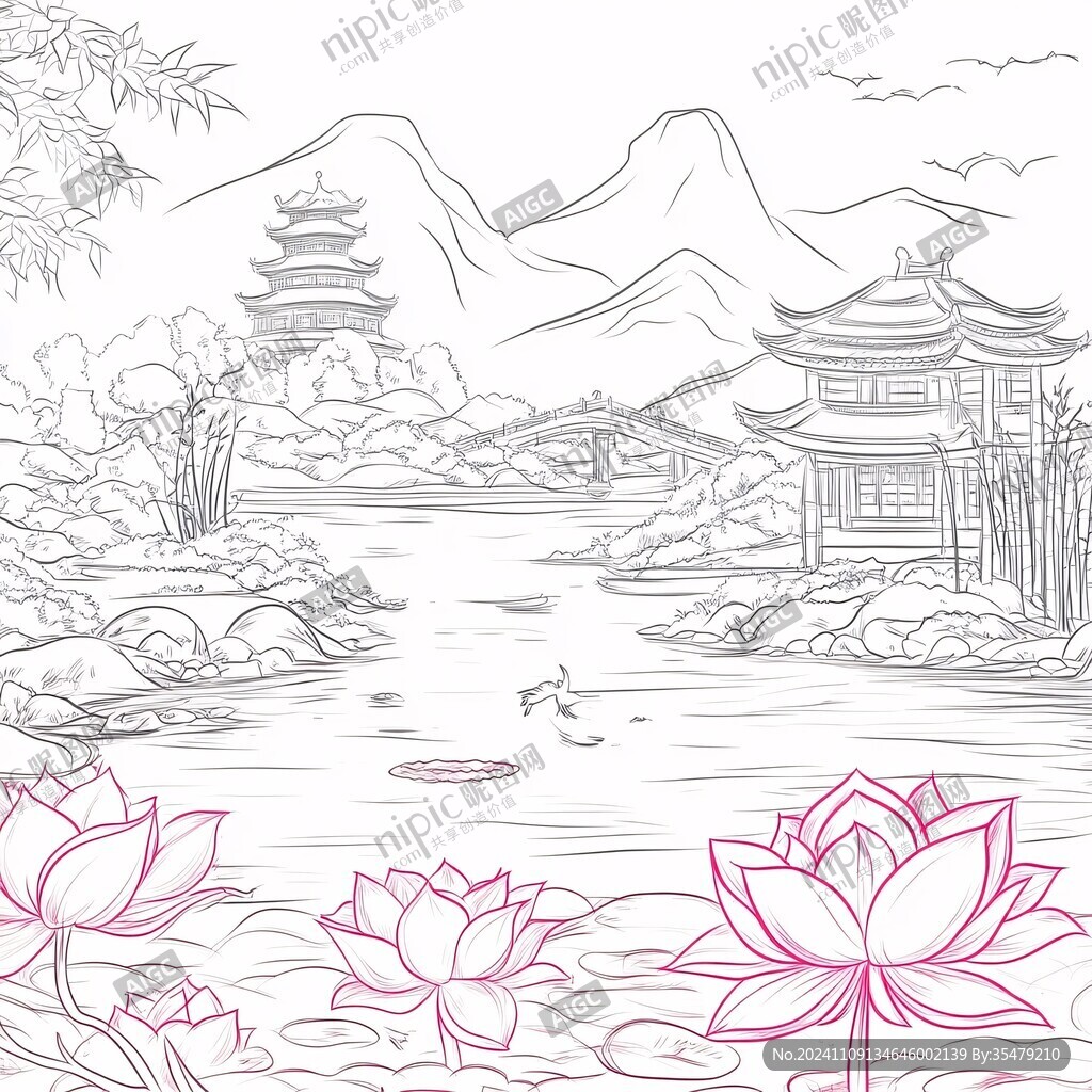 手绘线条山水亭台楼阁