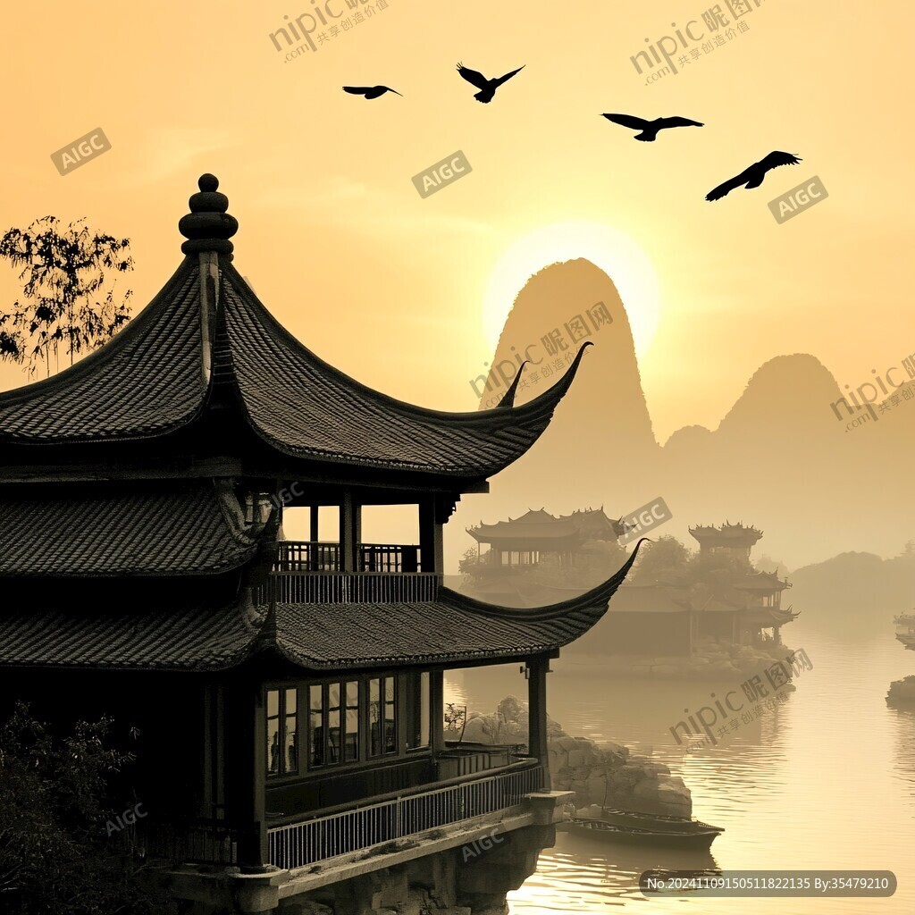 亭台楼阁旭日东升