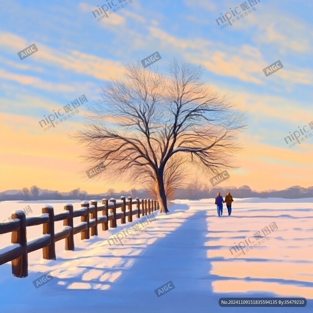 雪景夕阳