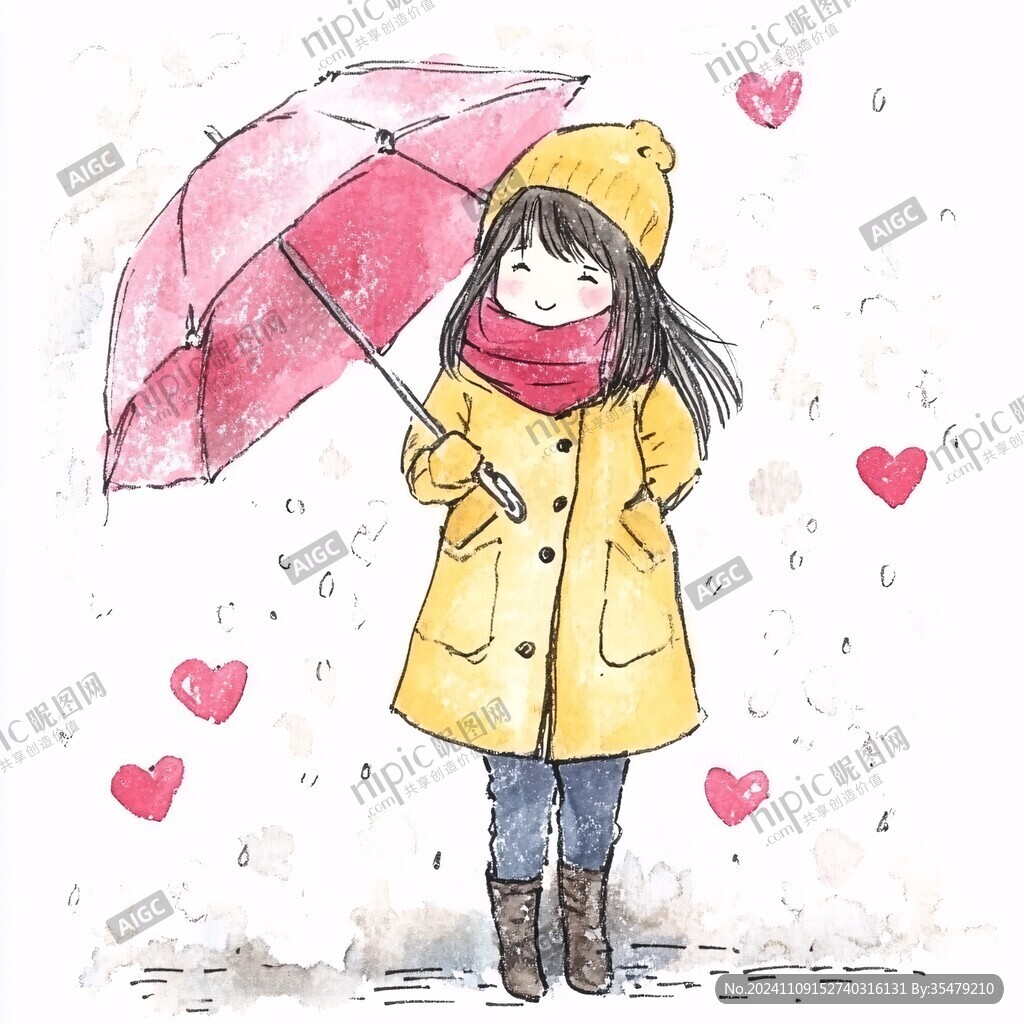绘呆萌女孩躲雨无框画