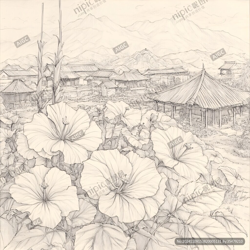 西双版纳插画线稿水墨