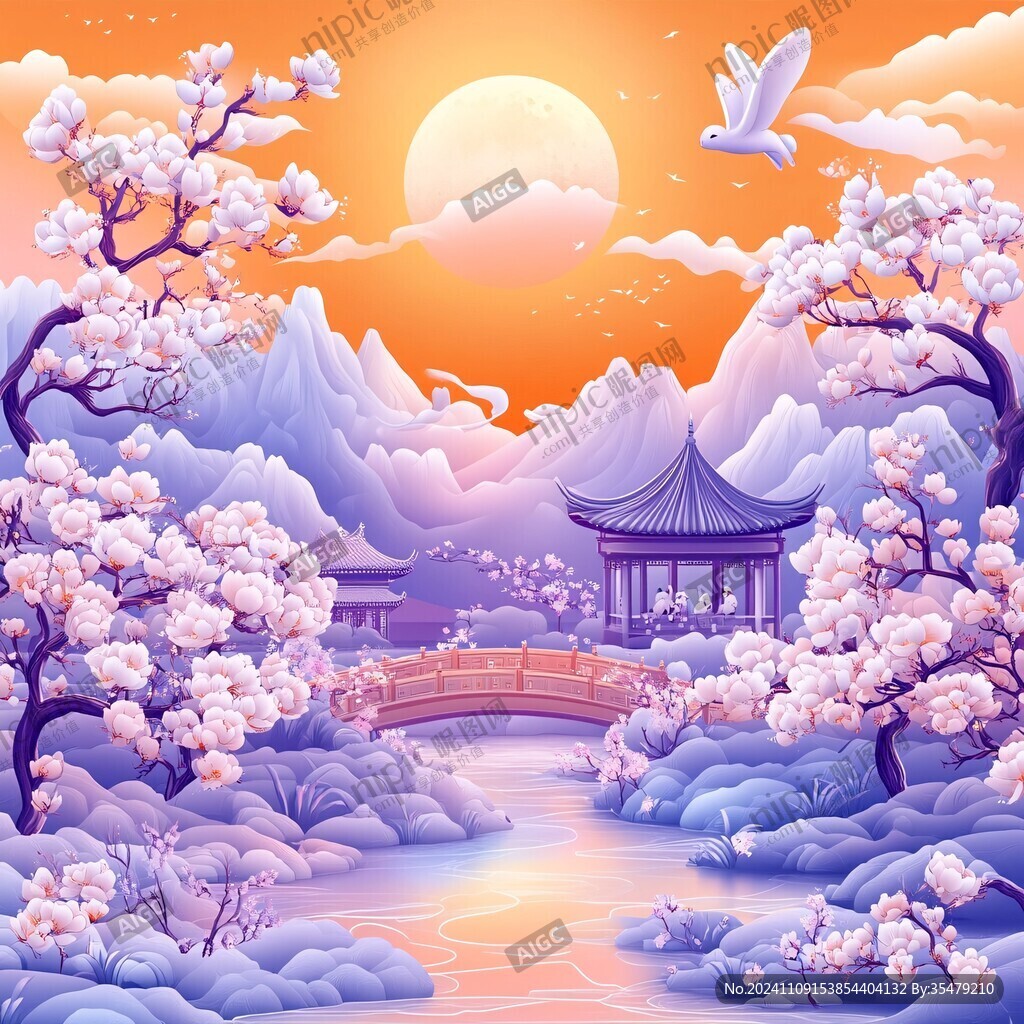 仙鹤楼阁山水插画