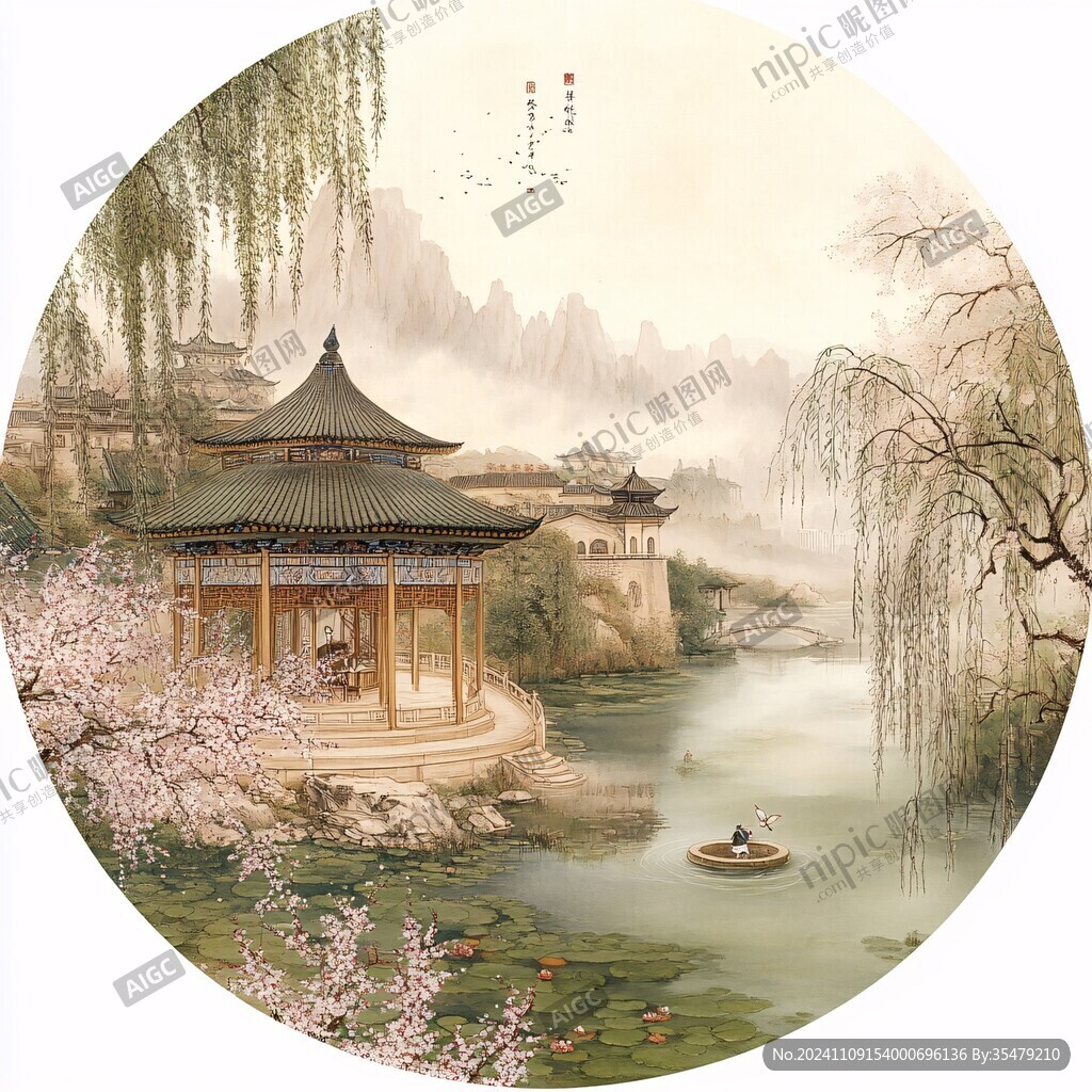 工笔楼阁亭台圆形框画