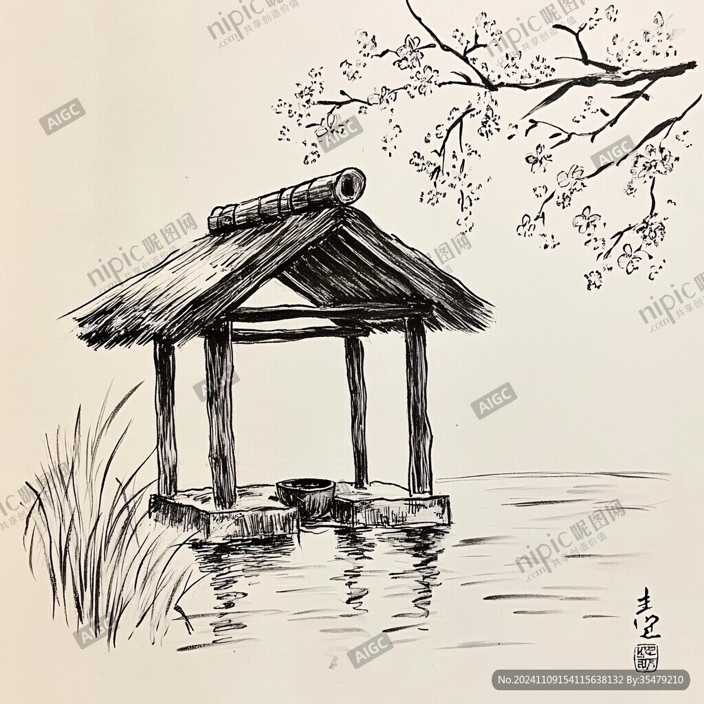 线描烟水亭