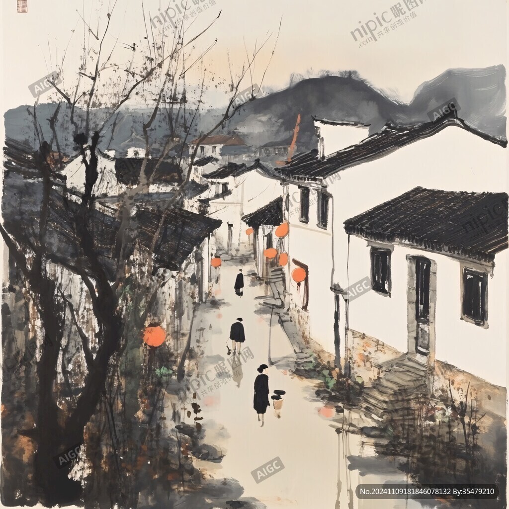 水粉画江南古村