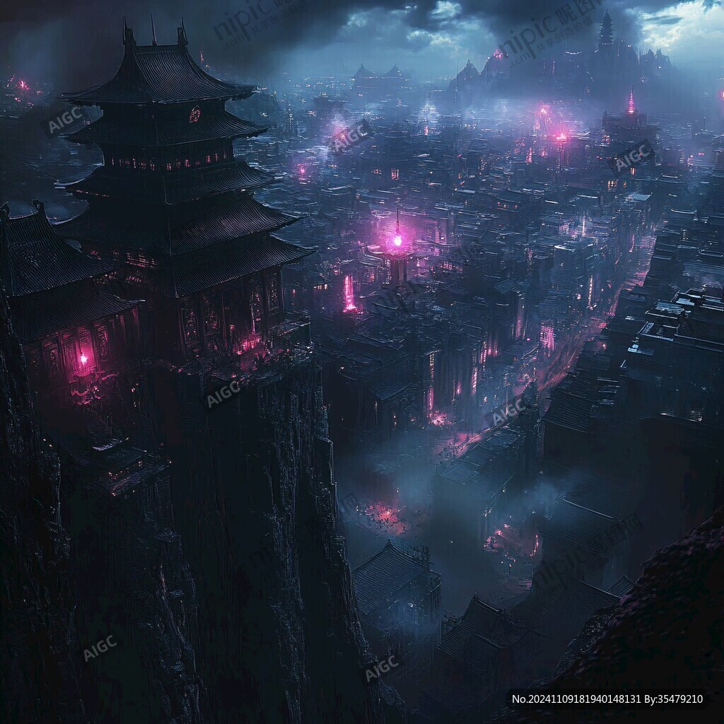 玄幻古镇夜景