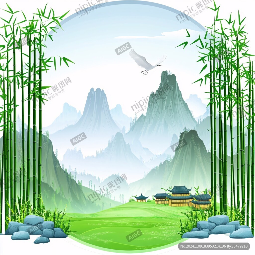 山水竹林插画