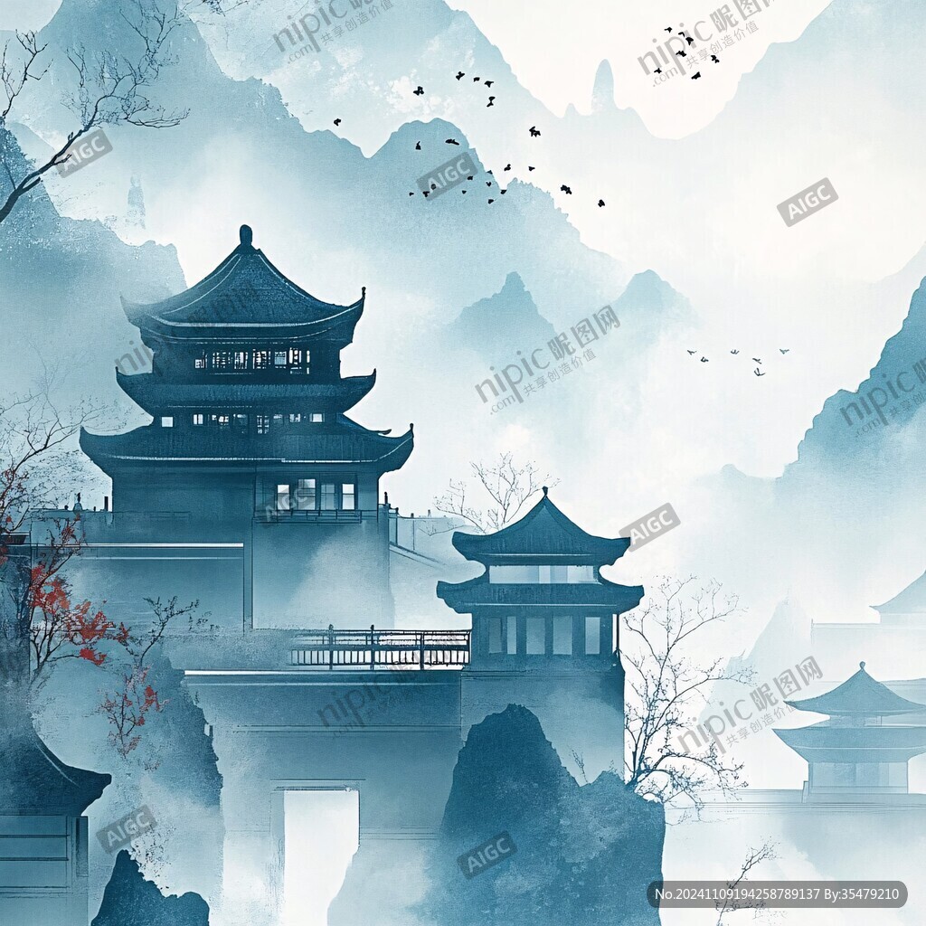 仙鹤楼阁古风山水画