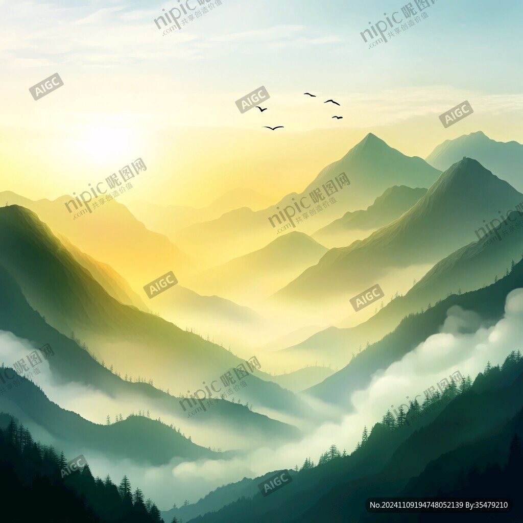 飘渺远山云雾风景画