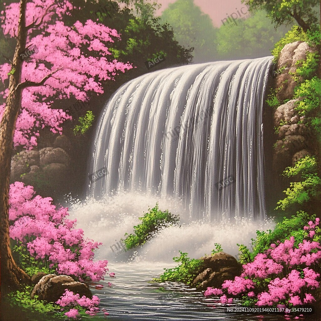 招财瀑布山水画