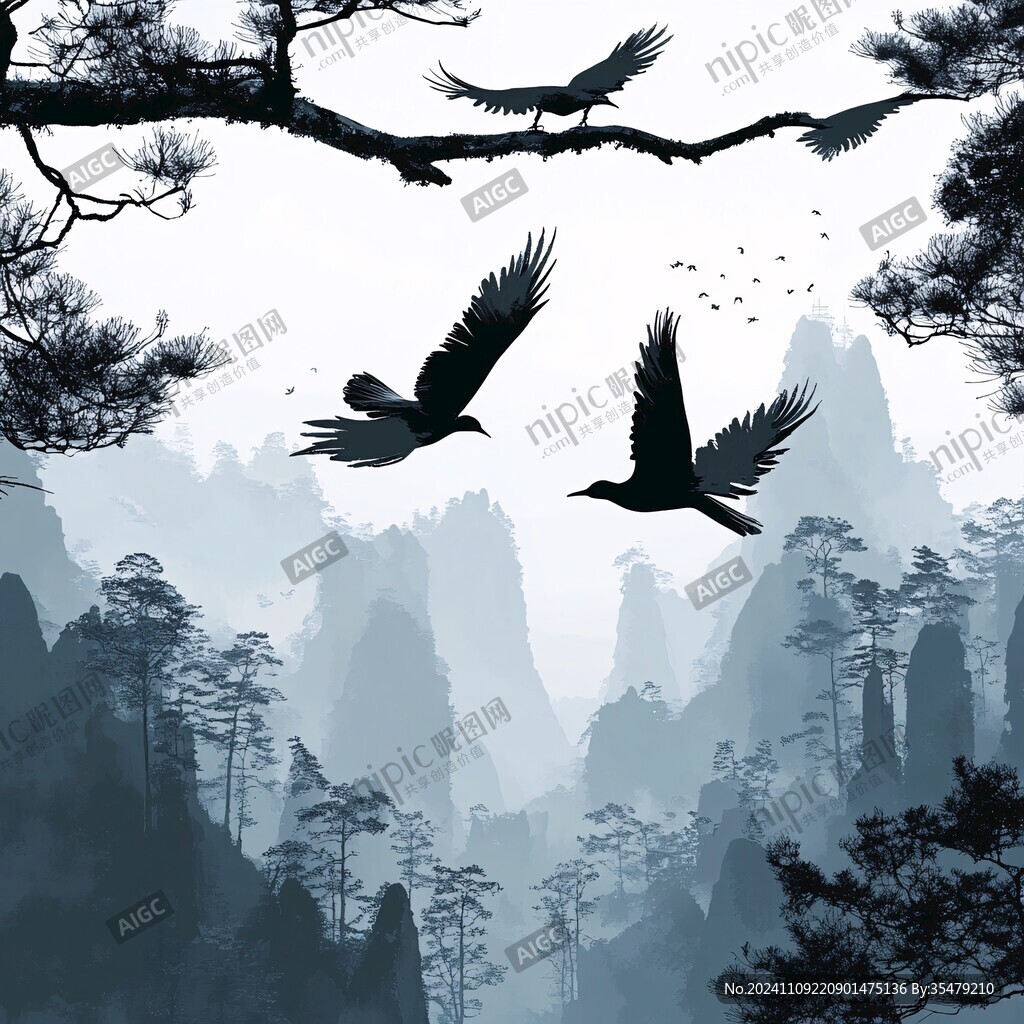 飞鸟水墨山水
