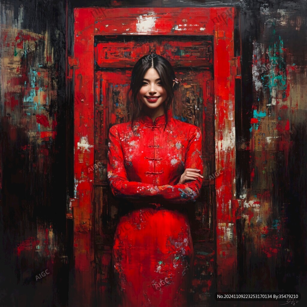 油画旗袍女