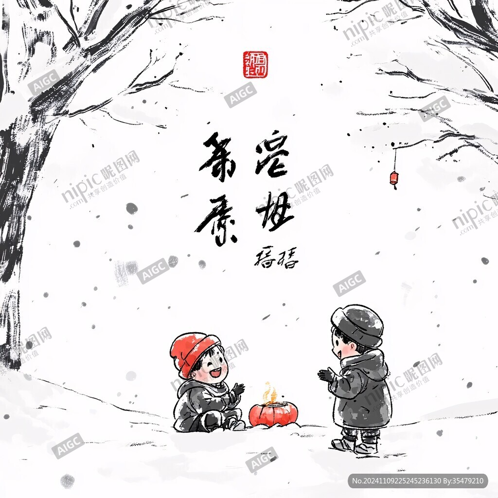 小孩堆雪人春节年画