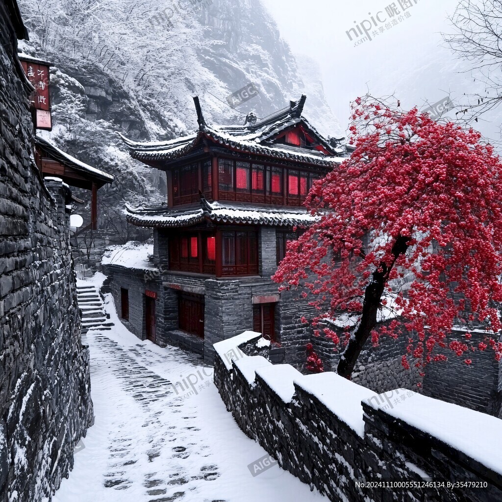 雪景古楼