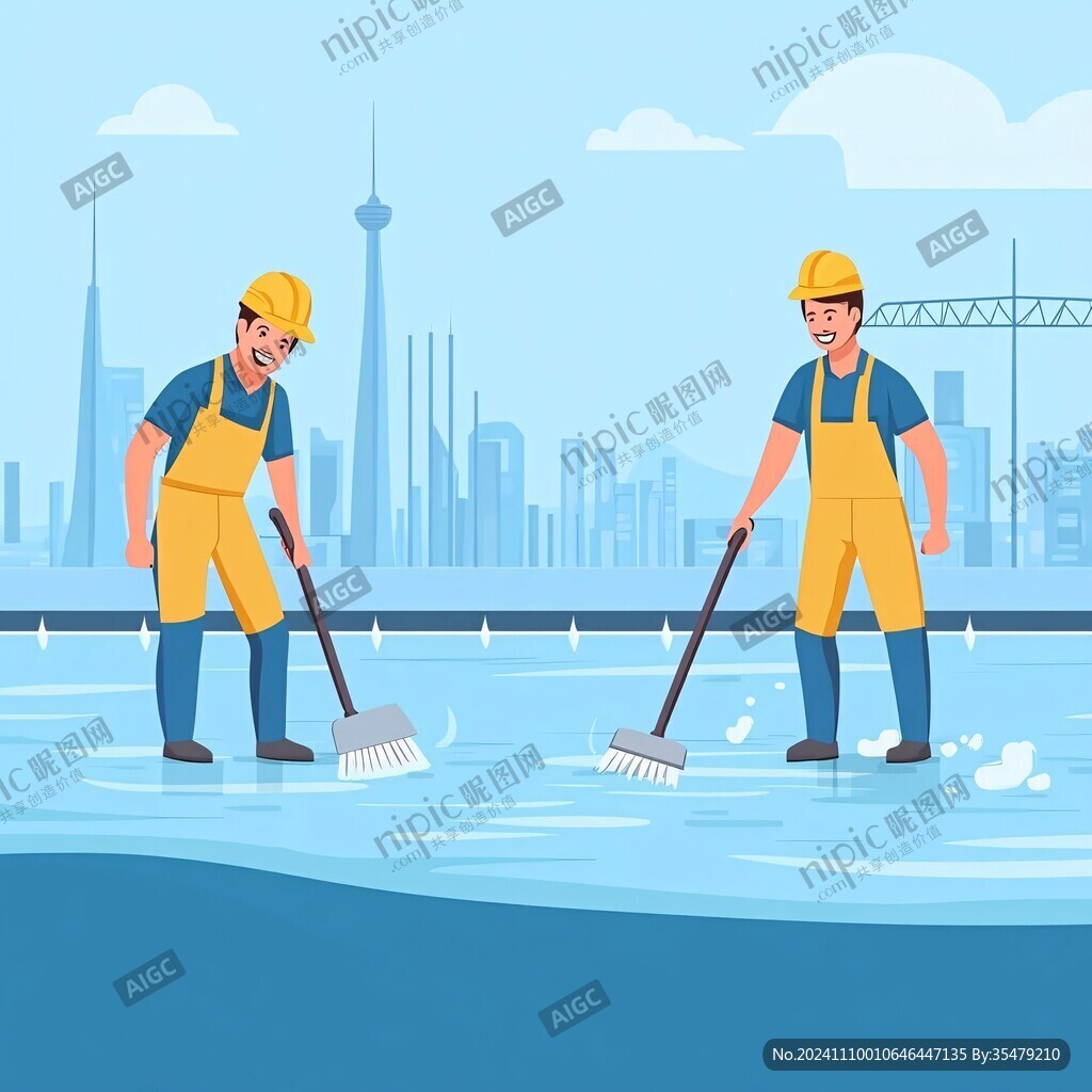 水面捡垃圾的工人