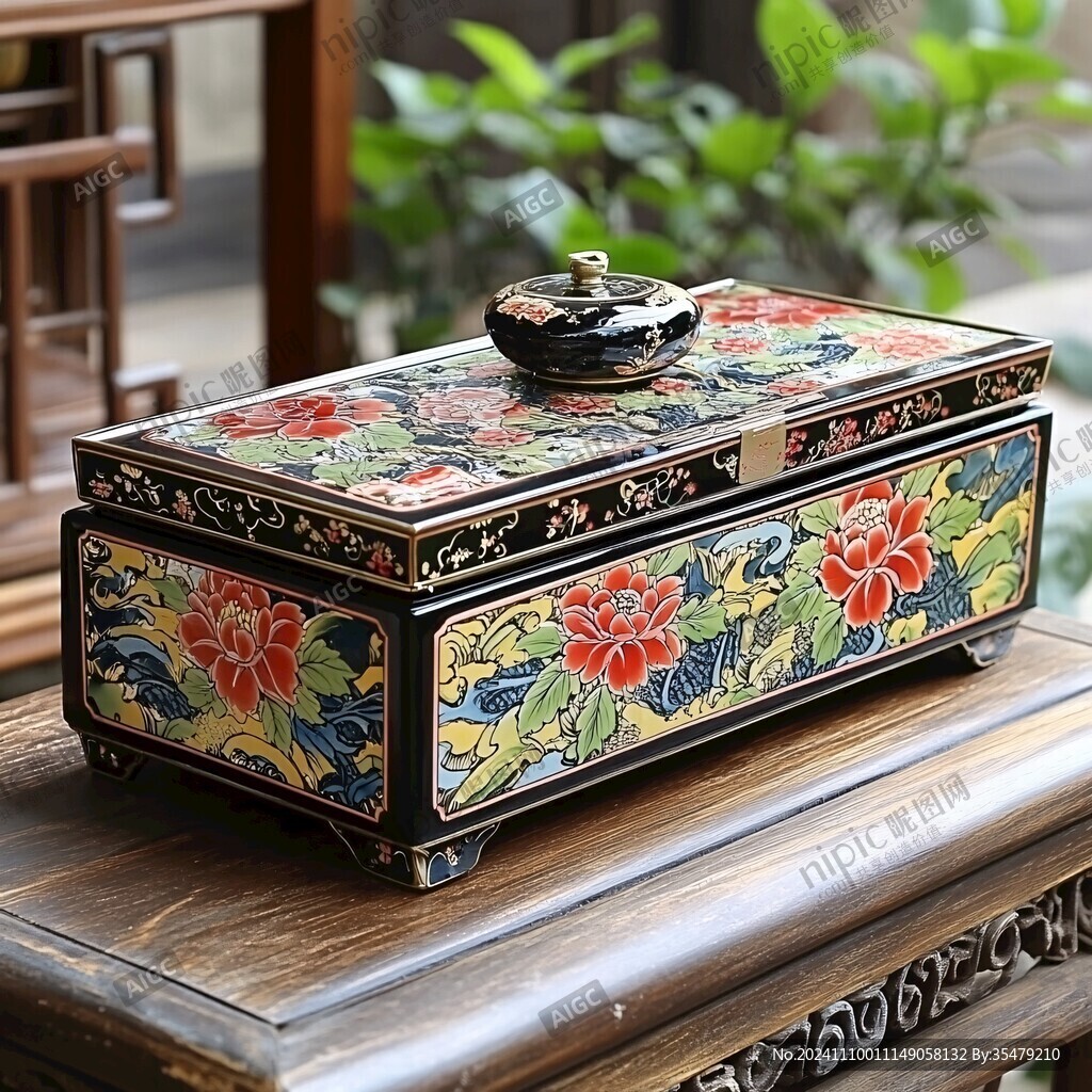 黑漆描金彩绘带抽屉
