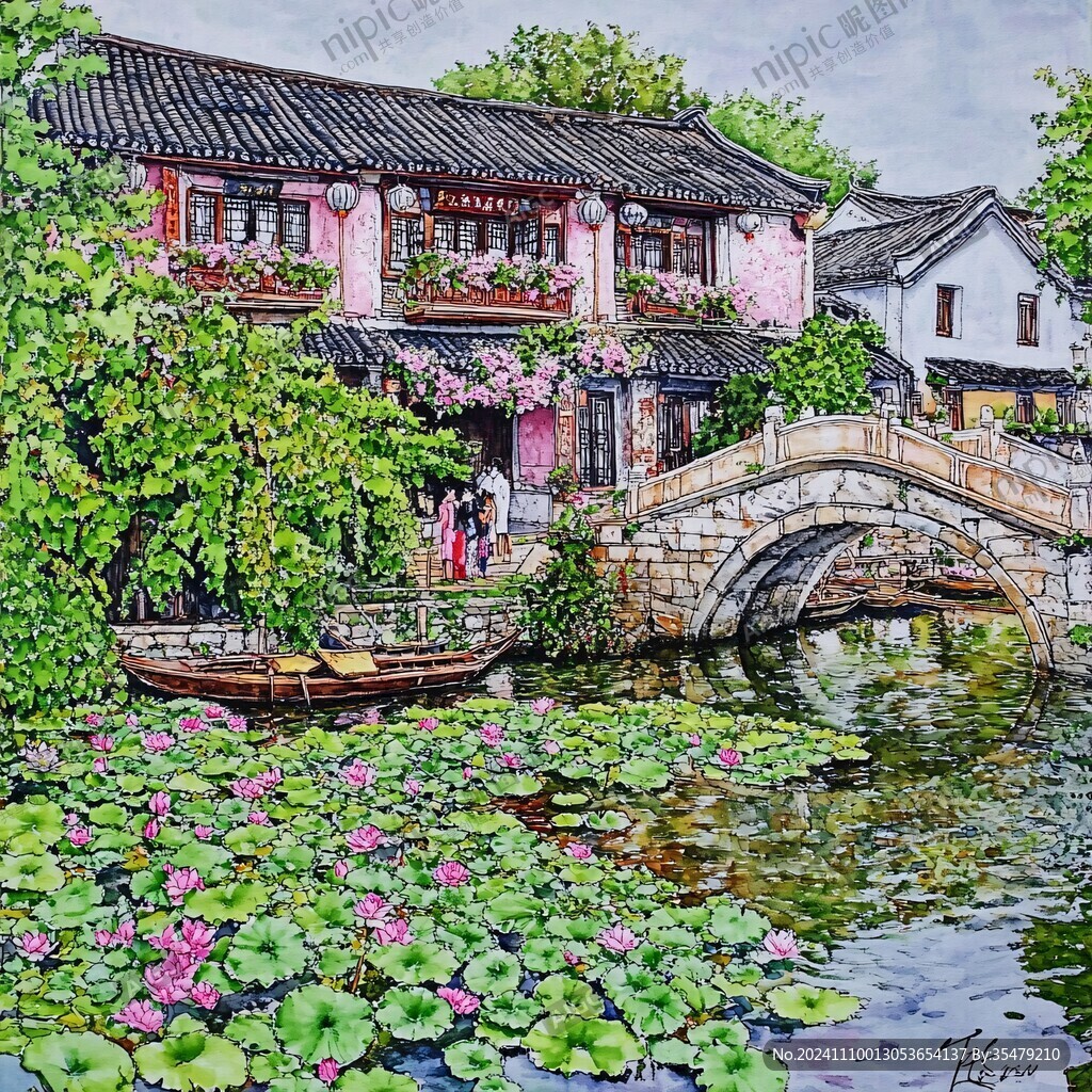油画江南水乡