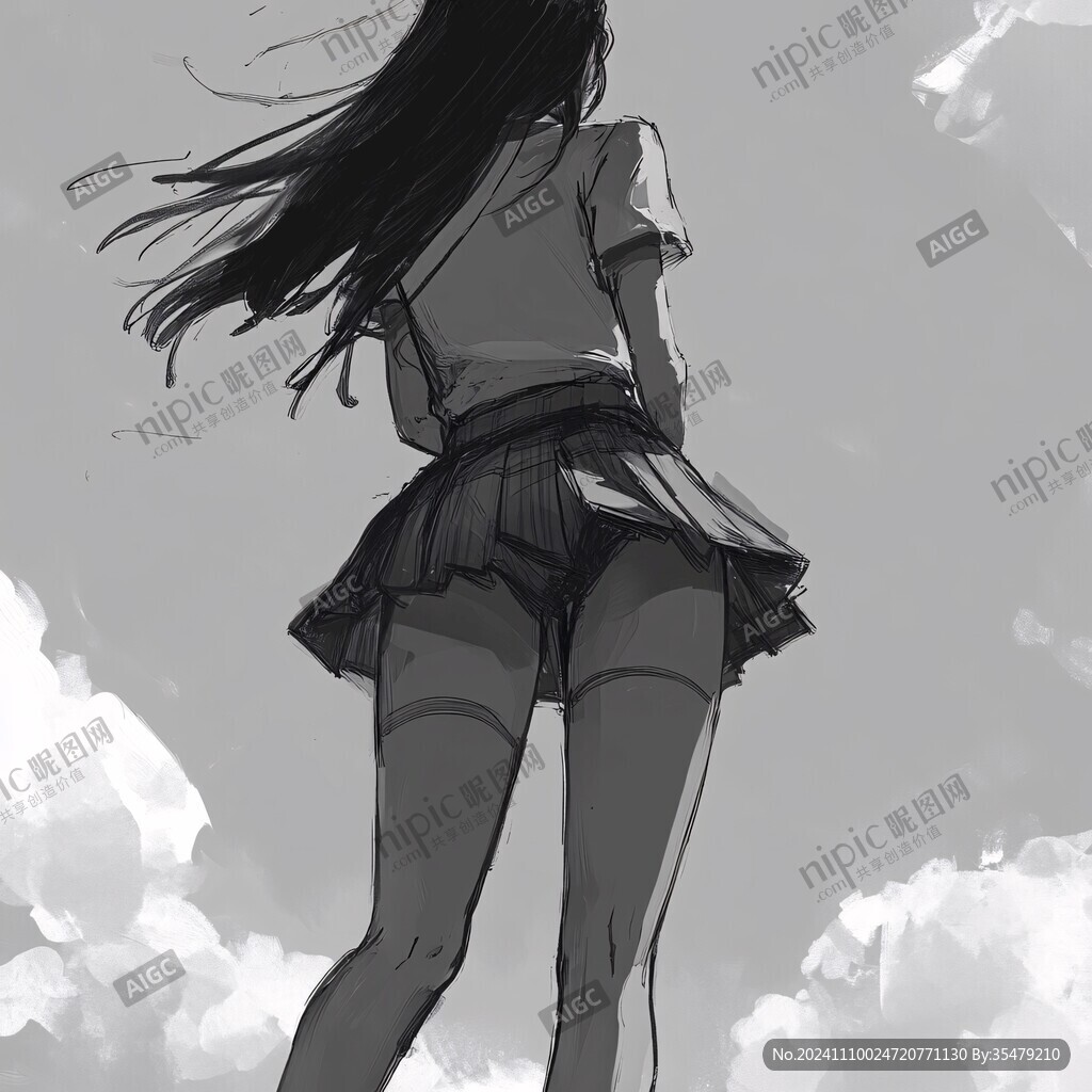 手绘少女背影