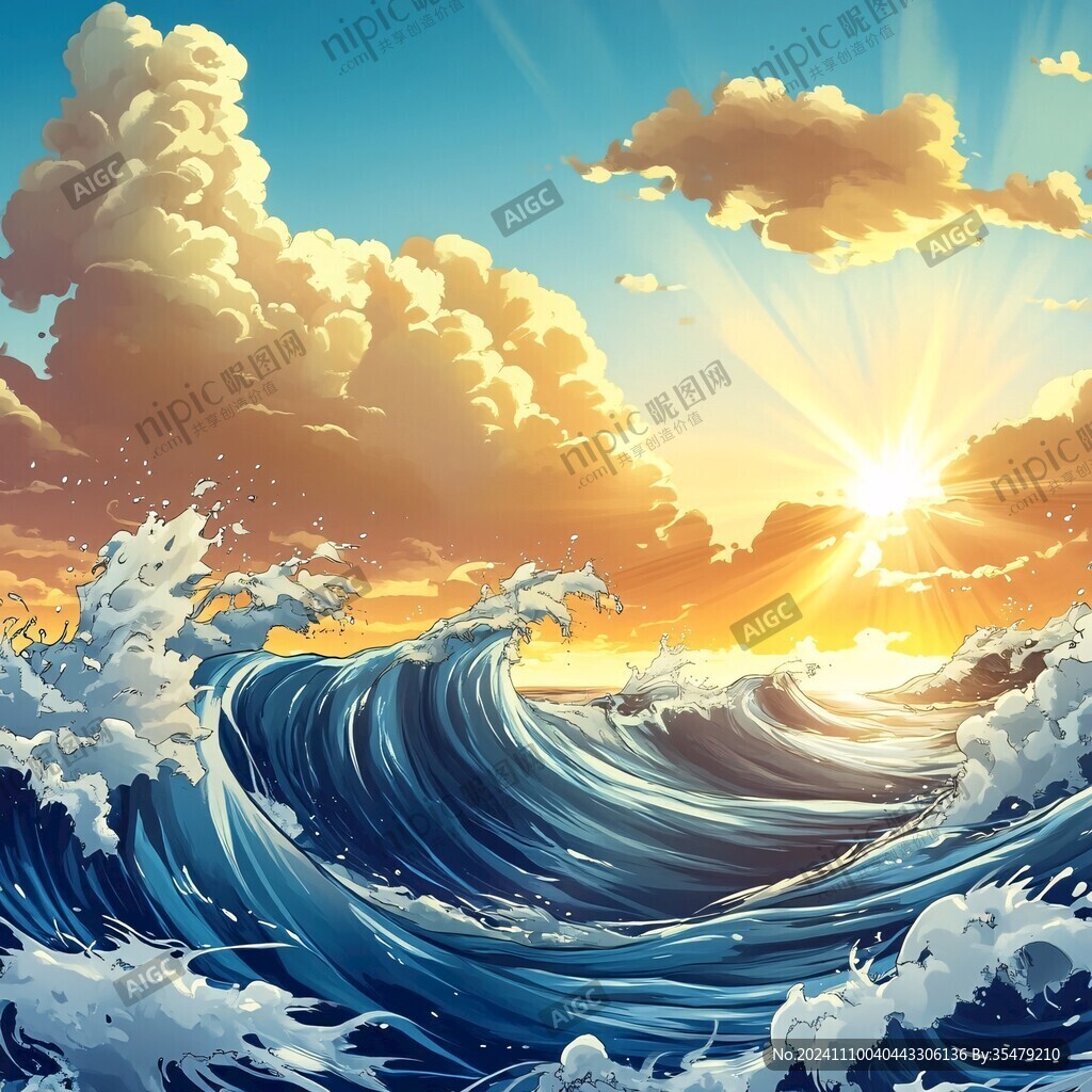 手绘海浪旭日东升