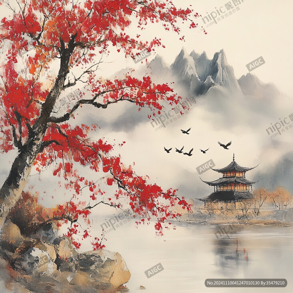 红叶古风山水画