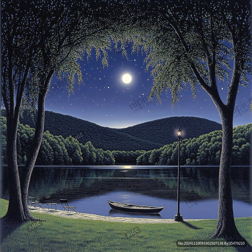 插画夜景湖泊