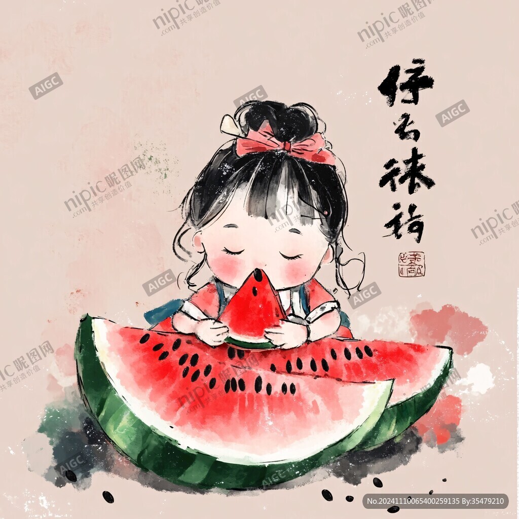 手绘西瓜与小孩